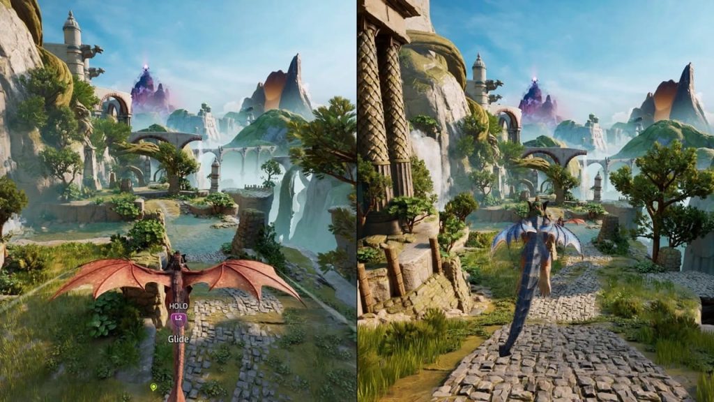 شخصیتهای بازی دو نفره Split Fiction در حال حل پازل و پلتفرمینگ در یک سرزمین فانتزی با معماری قرون وسطی