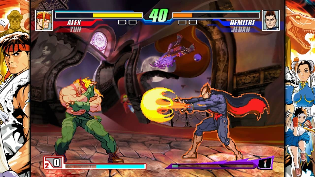 نمایی از مبارزه شخصیتهای کپکام در بازی Capcom Fighting Evolution، یکی از مجموعههای کلاسیک بازیهای مبارزهای