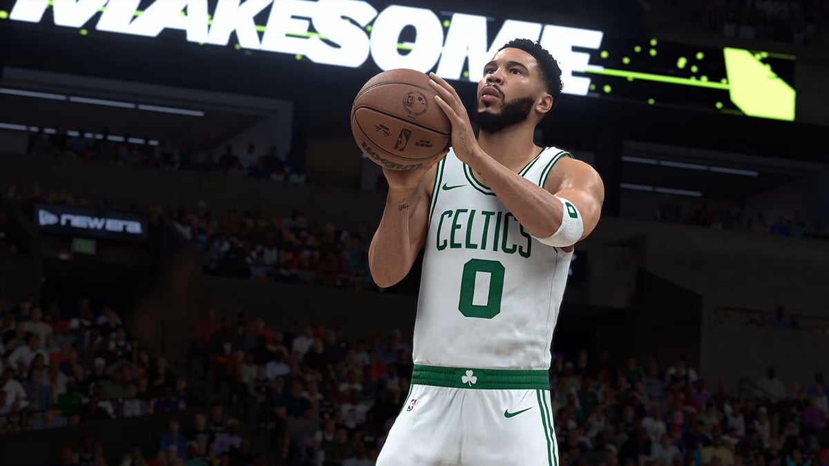 نمای نزدیک از کنترل توپ و شوت زدن بازیکن در بازی بکستبال NBA 2K26