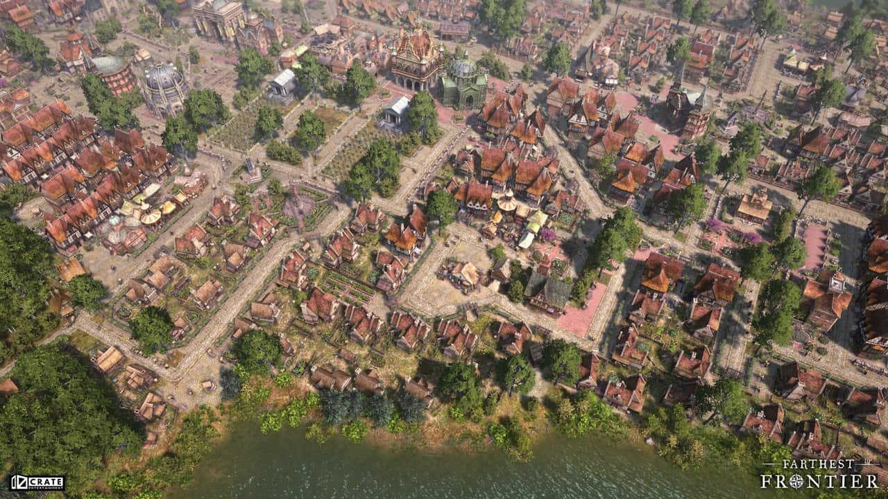 شهر در حال رشد با ساختمانهای مختلف و مزارع فعال در Farthest Frontier، نمایانگر توسعه و برنامهریزی دقیق