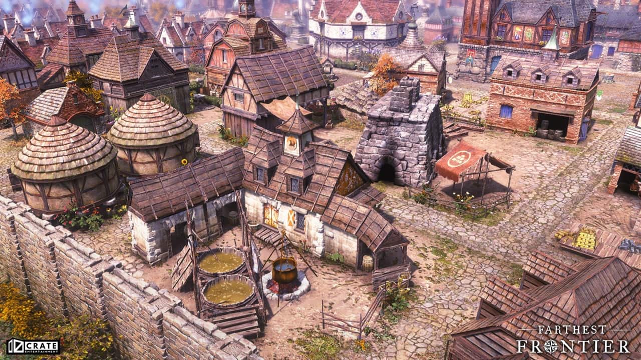 نمایی از شهر در بازی Farthest Frontier، شامل خانهها و کارگران، نشاندهنده مدیریت منابع و شهرسازی واقعی