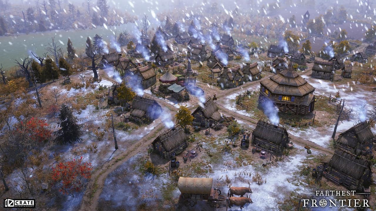 زمستان سخت در بازی Farthest Frontier، با پوشش برفی زمینها و خانهها، نمایانگر چالشهای طبیعی و بقا